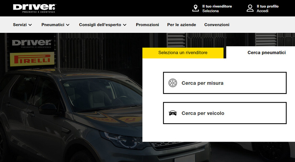 La schermata del servizio online di Pirelli